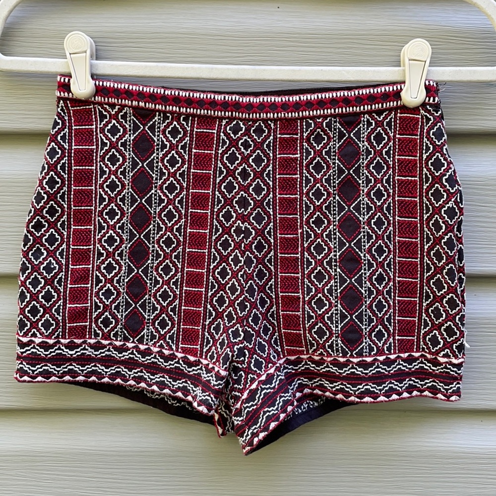High-Rise Embroidered Aztec Print Shorts